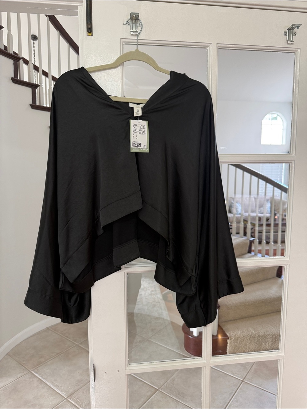 H&M NWT Size Large Black Satin Bat-Wing Bi-Level Top